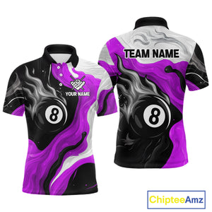 Personalized Black, Purple And White 8 Ball Flame Billiard Shirt For Men Custom Pool Team Jerseys TDM4190