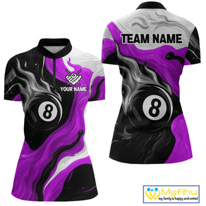Personalized Black, Purple And White 8 Ball Flame Billiard Shirt For Women Custom Pool Team Jerseys TDM4190
