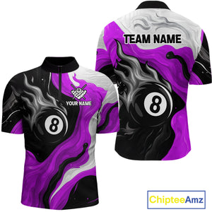 Personalized Black, Purple And White 8 Ball Flame Billiard Shirt For Men Custom Pool Team Jerseys TDM4190