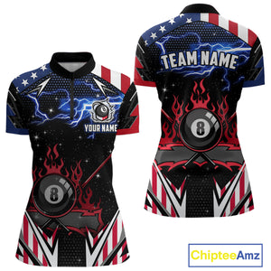 8 Ball Pool Billiard Jersey Custom Lightning American Flag Women Billiard Shirts, 8 Ball Team Shirts TDM4579