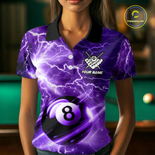 Load image into Gallery viewer, Woman wearing a purple 8 ball thunder lightning billiard jersey beside a pool table front view.