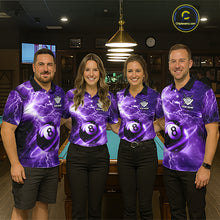Load image into Gallery viewer, Pool team wearing matching purple 8 ball thunder lightning billiard jerseys during tournament play front view.