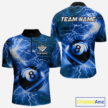 Load image into Gallery viewer, Blue 8 ball thunder lightning billiard quarter zip shirt for men designed for league tournaments and team events.