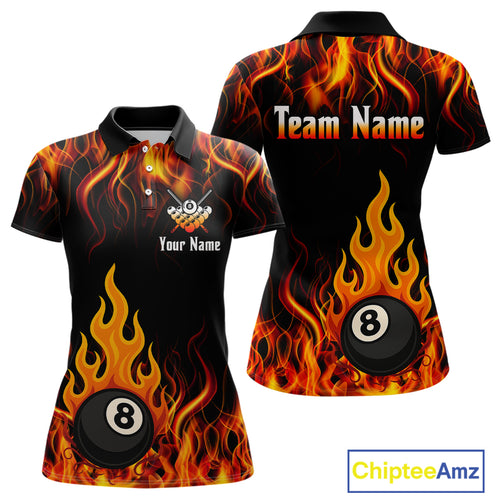 Orange 8 Ball Flame Fire Billiard Shirts For Women Custom Polo & 1/4 Zip Billiard Team Jerseys TDM4012