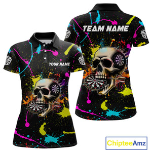 Personalized Funny Skull Colorful Paint Dart Shirt For Women Custom Darts Team Jersey Polo & 1/4 Zip TDM4213
