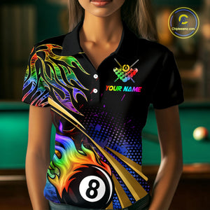 Personalized Colorful Flame 8 Ball Billiard Shirt For Women Custom Pool Team Jerseys Polo & 1/4 Zip TDM4214