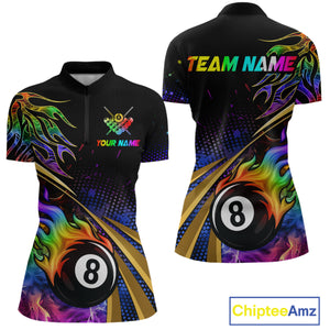 Personalized Colorful Flame 8 Ball Billiard Shirt For Women Custom Pool Team Jerseys Polo & 1/4 Zip TDM4214