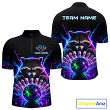 Load image into Gallery viewer, Neon raccoon bowling quarter zip shirt for men designed for league tournaments and team events.
