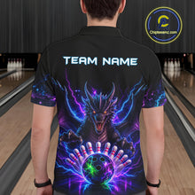 Load image into Gallery viewer, Back view of man wearing a neon dragon bowling polo shirt inside a bowling alley.