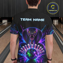 Load image into Gallery viewer, Back view of man wearing a neon cobra bowling polo shirt inside a bowling alley.