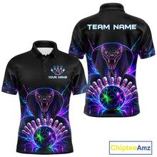 Load image into Gallery viewer, Neon cobra bowling polo shirt for men with custom bowling team graphics.