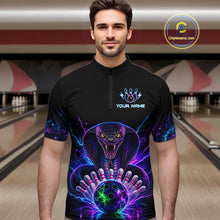Load image into Gallery viewer, Man wearing a neon cobra bowling quarter zip jersey during league competition front view.