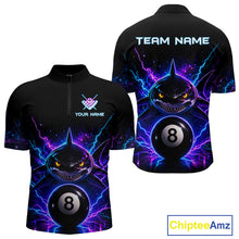 Load image into Gallery viewer, Neon shark 8 ball billiard quarter zip shirt for men designed for league tournaments and team events.