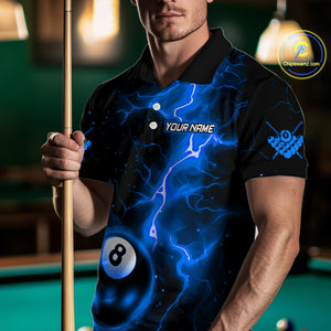 Blue And Black 8 Ball Striking Thunder Lightning Billiard Shirt For Men Custom Pool Team Jerseys TDM4389