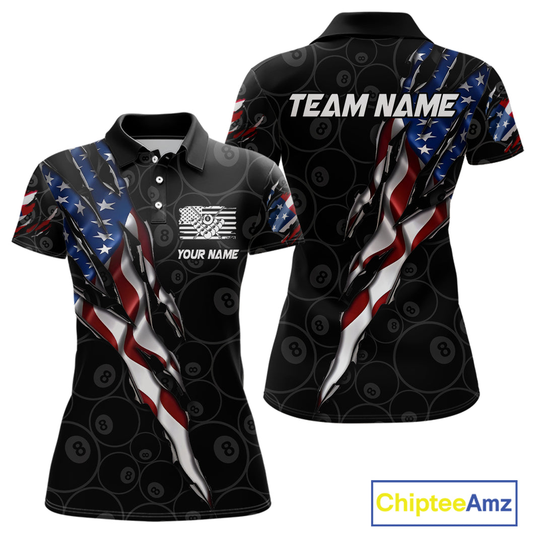 American Flag Scratch Billiard Shirt For Women, Custom 8 Ball Pool Team Jersey Polo & 1/4 Zip TDM4030