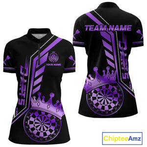 Black And Purple Funny Crown Darts Shirt Polo & 1/4 Zip For Women Custom Darts League Team Jersey TDM4822