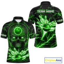 Load image into Gallery viewer, Personalized Lightning Skull Green Bowling Shirt For Men, Bowling Team Jersey Polo &amp; 1/4 Zip TDM6160