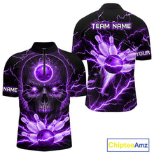 Load image into Gallery viewer, Personalized Lightning Skull Purple Bowling Shirt For Men, Bowling Team Jersey Polo &amp; 1/4 Zip TDM6161