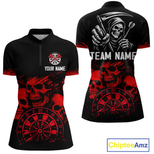 Custom Women's Grim Reaper Dart Shirt – Black Red Grunge Darts Jersey Team Polo & Quarter Zip Styles TDM4067