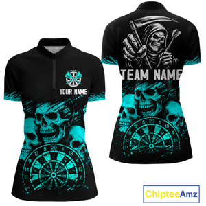Custom Women's Grim Reaper Dart Shirt – Black Cyan Grunge Dart Jersey Team Polo & Quarter Zip Style TDM4068