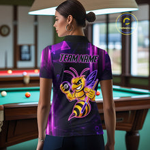 Load image into Gallery viewer, Back view of woman wearing a neon funny bee 8 ball billiard team jersey, custom pool tournament shirt.