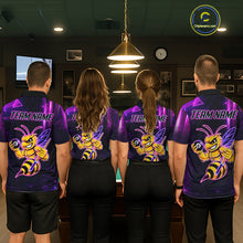 Load image into Gallery viewer, Back view of pool players wearing matching neon funny bee 8 ball billiard team shirts and custom pool jerseys.