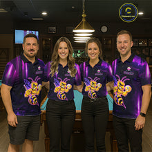 Load image into Gallery viewer, Pool team wearing matching neon funny bee 9 ball custom billiard jerseys during tournament competition front view.