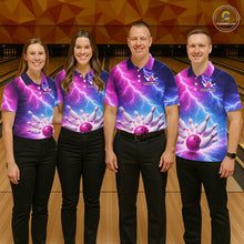 Load image into Gallery viewer, Custom Thunder Lightning Blue And Pink Bowling Shirt For Women, Bowling Team Jersey Polo &amp; 1/4 Zip TDM6190