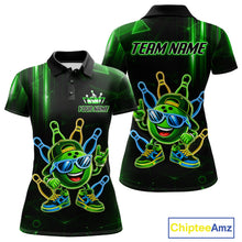 Load image into Gallery viewer, Green funny neon bowling ball bowling team polo shirt for women with vibrant neon bowling graphics.