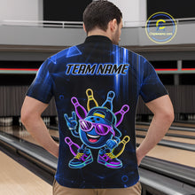 Load image into Gallery viewer, Back view of man wearing a blue funny neon bowling ball quarter zip bowling shirt, bowling league team uniform.