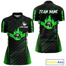 Load image into Gallery viewer, Black And Green Bowling Jersey For Women Custom Flame Bowling Shirt Team Polo &amp; Quarter Zip TDM5825