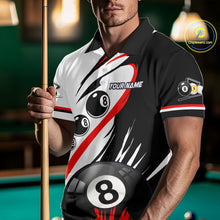Load image into Gallery viewer, Man wearing a red 8 ball and 9 ball billiard jersey front view.
