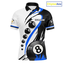 Load image into Gallery viewer, Personalized blue 8 ball and 9 ball custom billiard polo shirt for men, billiard team jersey.