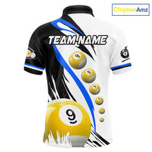 Load image into Gallery viewer, Blue 8 ball and 9 ball pool team polo shirt for men with custom billiard graphics.