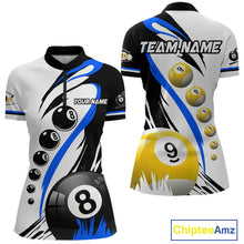 Load image into Gallery viewer, Blue 8 ball and 9 ball quarter zip billiard shirt for women, custom pool team jersey.