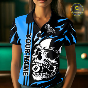 Personalized Blue 8 Ball Skull Billiard Shirt For Women Custom Pool Team Jersey, Billiard Outfit TDM4460
