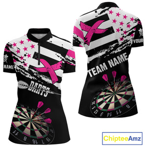 Personalized US Flag Pink Ribbon Darts Shirt For Women Custom Breast Cancer Awareness Darts Jersey TDM4493