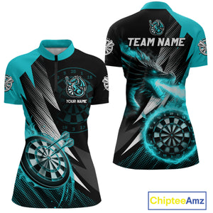 Personalized Strike Black & Turquoise Flaming Dragon Dart Shirts For Women Custom Dart Team Jersey TDM4300