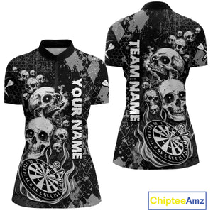 Black Grey Grunge Argyle Skull Dart Shirts Custom Women's Dart Jerseys Team Polo & Quarter Zip TDM3836