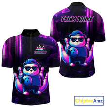 Load image into Gallery viewer, Colorful neon panda bowling quarter zip shirt for men designed for tournaments and league matches.