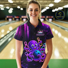 Load image into Gallery viewer, Woman wearing a neon octopus bowling polo shirt at a bowling alley front view.