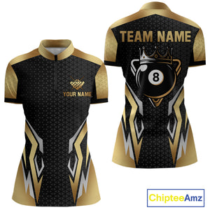 Black And Golden 8 Ball Pool Crown Billiard Shirt For Women Custom Billiard Jersey Polo & 1/4 Zip TDM4321