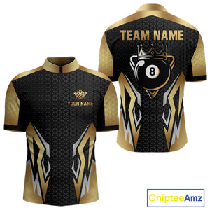 Black And Golden 8 Ball Pool Crown Billiard Shirt For Men Custom Billiard Jersey Polo & 1/4 Zip TDM4321