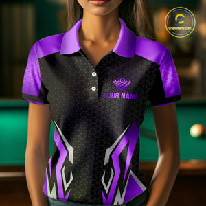 Black Purple 8 Ball Pool Crown Billiard Shirt For Women Custom Billiard Jersey Team Polo & 1/4 Zip TDM4323