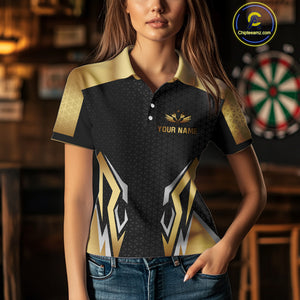 Black And Golden Crown Darts Shirt For Women Custom Darts Jerseys Team Polo & Quarter Zip Uniform TDM4324