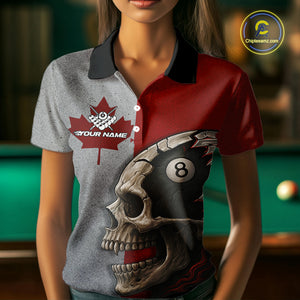 Personalized Grunge Canada Flag Skull Billiard Shirt For Women, 8 Ball Patriotic Pool Team Jerseys TDM4157