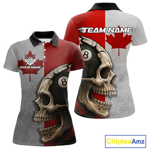Personalized Grunge Canada Flag Skull Billiard Shirt For Women, 8 Ball Patriotic Pool Team Jerseys TDM4157