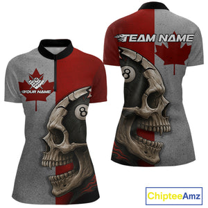 Personalized Grunge Canada Flag Skull Billiard Shirt For Women, 8 Ball Patriotic Pool Team Jerseys TDM4157