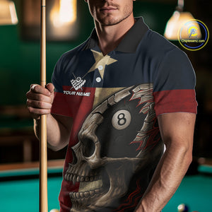 Personalized Grunge Texas Flag Skull Billiard Shirt For Men, 8 Ball Patriotic Pool Team Jerseys TDM4158