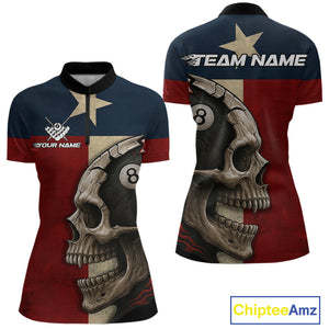 Personalized Grunge Texas Flag Skull Billiard Shirt For Women, 8 Ball Patriotic Pool Team Jerseys TDM4158